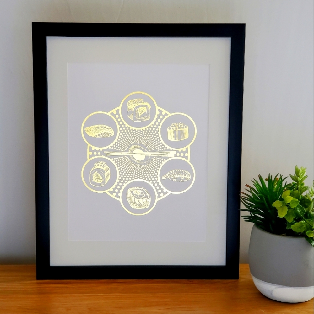 Real Gold Foil Print Sushi Wall Art